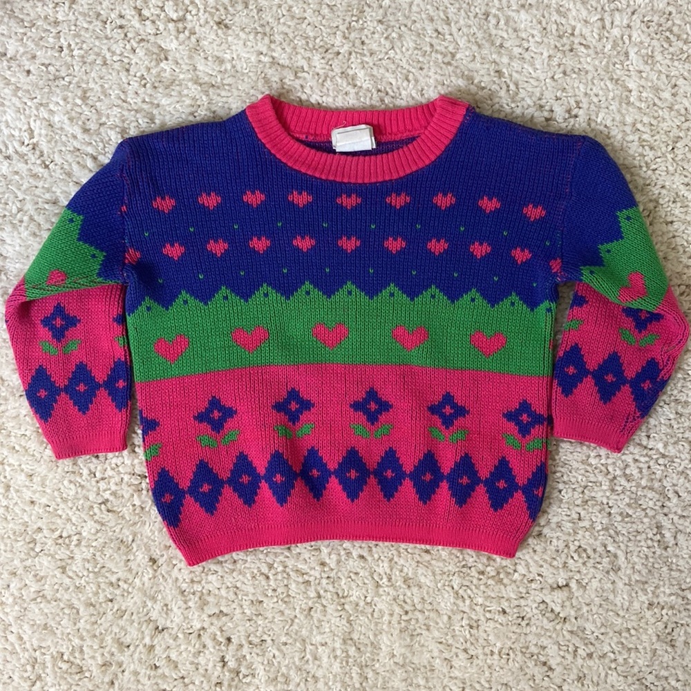 Vintage 90s kids sweater pink hearts and purple flowers